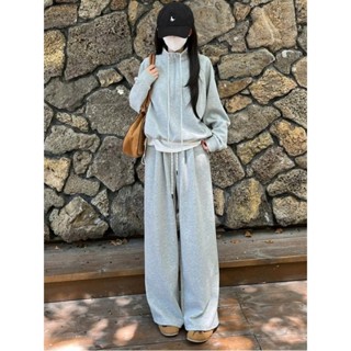  Sét đồ nam nữ,bộ nỉ áo sweater cổ cao khóa kéo dáng croptop kèm quần ống rộng chất nỉ mềm ấm áp phong cách thể thao 