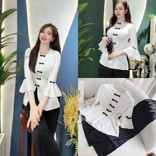 Set Đồ Lam Đi Chùa Chất Phi Tuyết Thời Trang Thiết Kế Nữ Cổ Tròn Nút Tàu Tay Loe Quần Dài Suông Nữ Tính Dịu Dàng QC🌹🌹