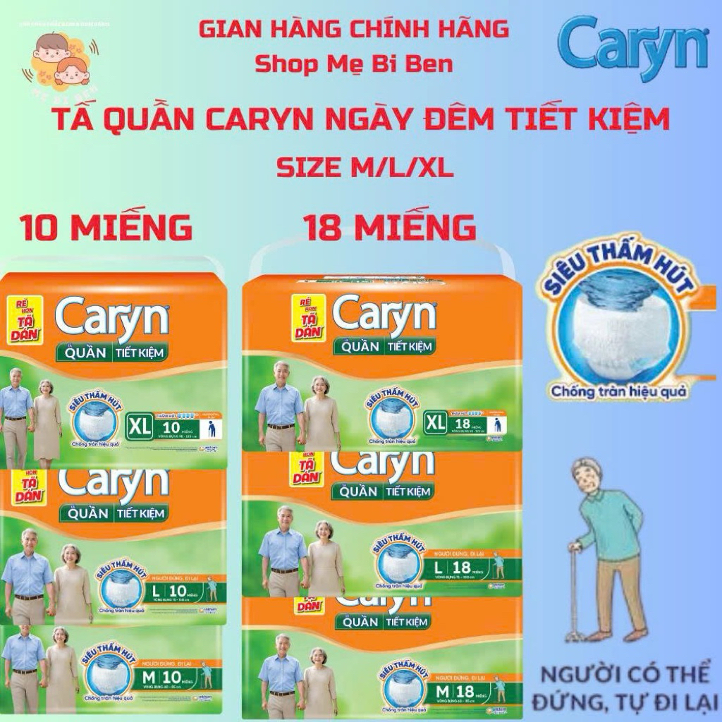 TÃ BỈM QUẦN người lớn siêu thấm Caryn Ngày và Đêm L18/ M18/ L10/ XL18/ XL10/ M10 miếng