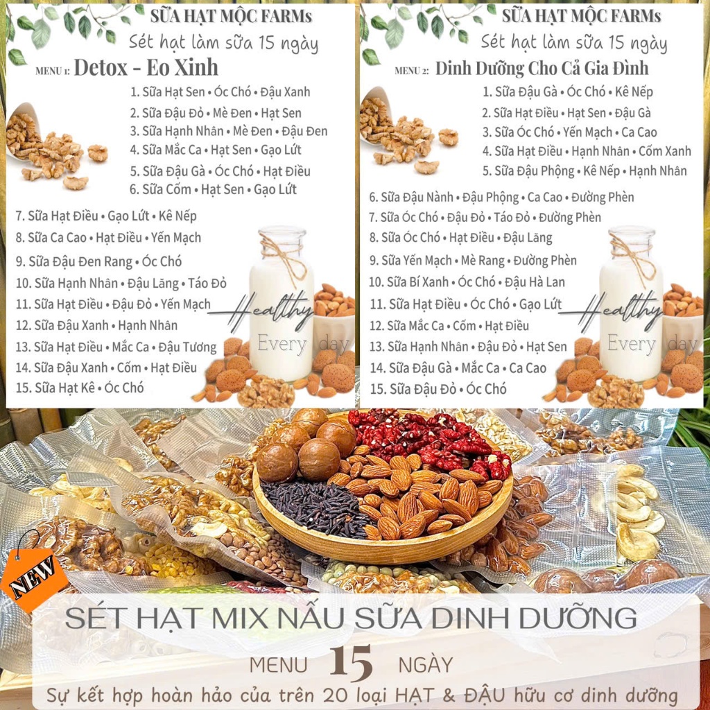 [Tặng Đường Thốt Nốt] Combo 30 Ngày Sét 20 hạt mix nấu sữa, nấu cháo dinh dưỡng, detox, đẹp da nhiều vị gói 50g/100g