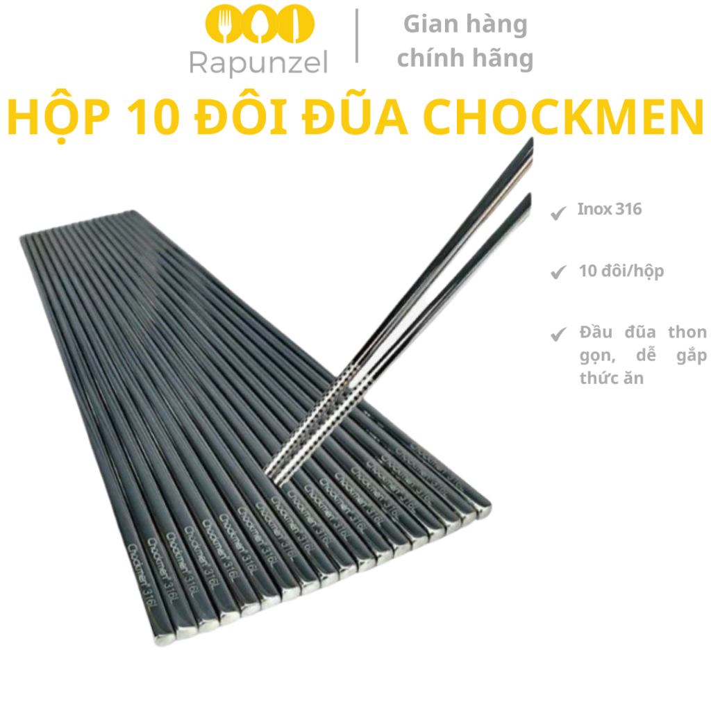 Đũa inox CHOCKMEN, 10 đôi đũa inox, đũa inox chống trơn trượt, đũa inox vân đầu, đũa inox cao cấp