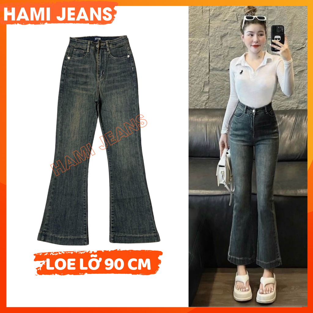 Quần jean ống loe cạp cao co giãn dài 90 cm cho người 1m45 -1m55 màu bụi retro siêu hot