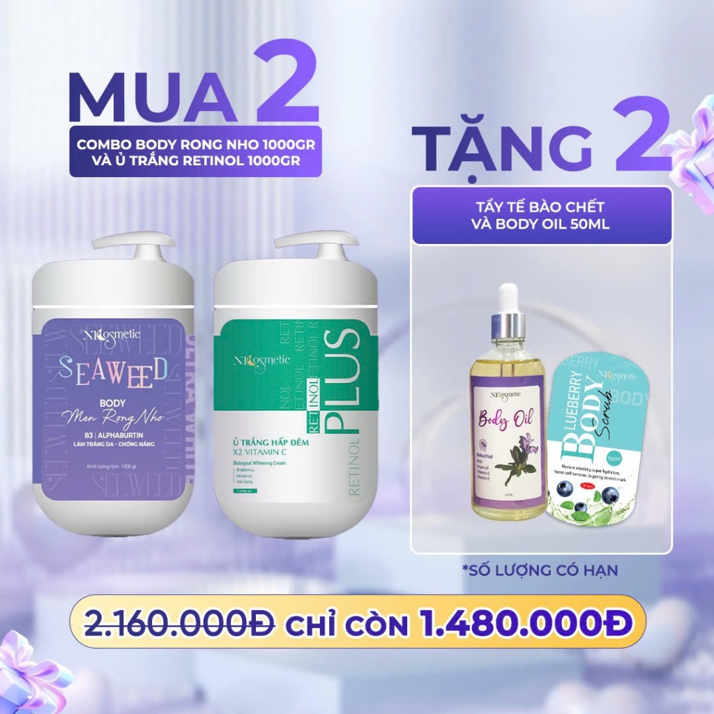 Combo Kem Ủ Trắng Retinol 1KG + Kem Body Men Rong Nho 1KG ( Tặng Kèm Body Oil & Tẩy Tế Bào Chết )