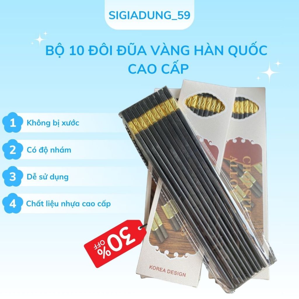 Bộ 10 Đôi Đũa Mạ Vàng, Kháng Khuẩn, Đũa nhựa cao cấp Chống Mốc Hàn Quốc, Có độ nhám– Gắp Thức Ăn Dễ 