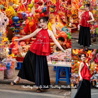  Áo yếm hoạ tiết đỏ mặc tết chụp ảnh trung thu tql 