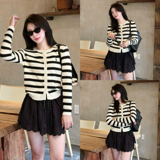 (ẢNH OLDSCHOOL) Áo len cardigan tay dài nữ cúc mở kẻ ngang chất mềm thêu logo A5208