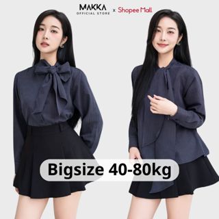 Áo thiết kế MAKKA áo sơ mi nữ cổ nơ dài tay kẻ sọc sang trọng thanh lịch 3015