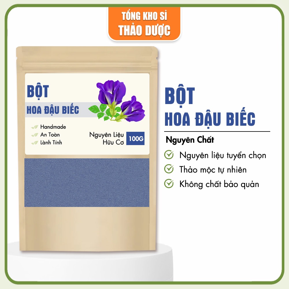 Bột hoa đậu biếc nguyên chất 100g, thơm mịn, dùng tạo màu món ăn, làm bánh, thạch, đắp mặt nạ