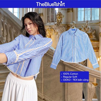 TheBlueTshirt - Áo sơ mi kẻ sọc xanh viền ren cổ điển phom regular - Lace Shirt