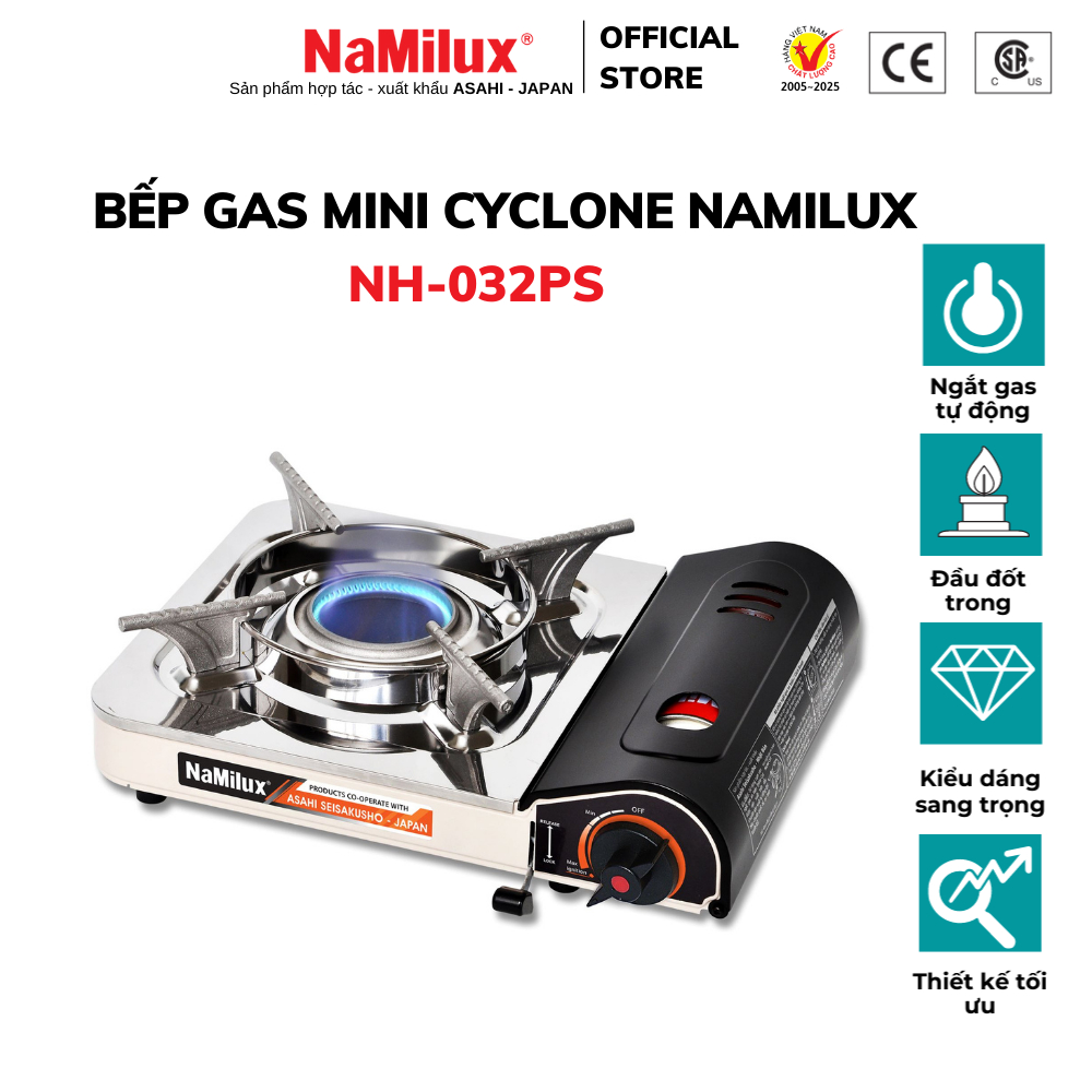 Bếp Gas Mini NaMilux NH-032PS│Đầu Đốt Cyclone│Tiết Kiệm Gas│Van Ngắt Gas An Toàn│Công Suất 2.4Kw │Hàng Chính Hãng