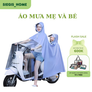 Áo mưa nửa trước trong suốt cho mẹ và bé tà áo siêu rộng che phủ toàn thân kèm kính chắn mưa