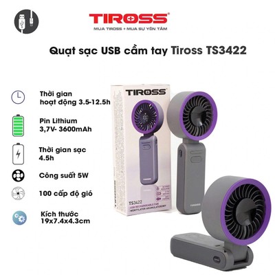 Quạt cầm tay USB TS3422 (3600mAh), sạc 4,5h -  Thời gian sử dụng: 3.5 -12.5 giờ- Bảo hành chính hãng 12 tháng.