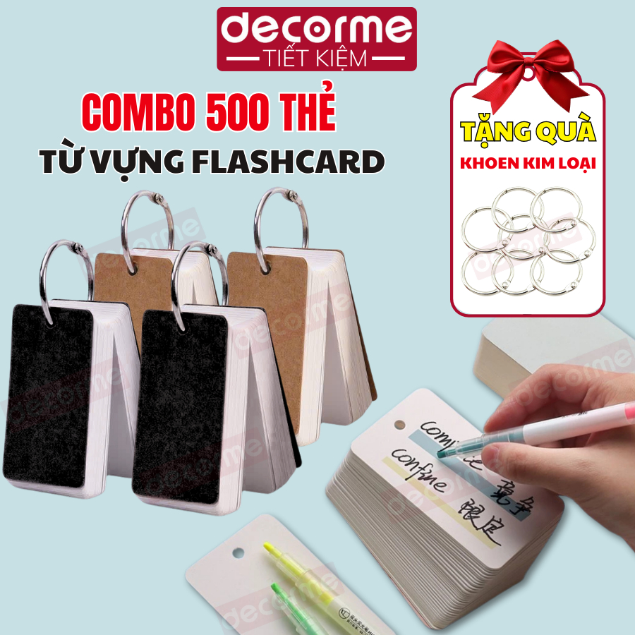 Combo 500 Thẻ Flashcard Học Từ Vựng Hack Trí Nhớ Decorme Tặng Khoen Kim Loại, hỗ trợ ghi nhớ nhanh t