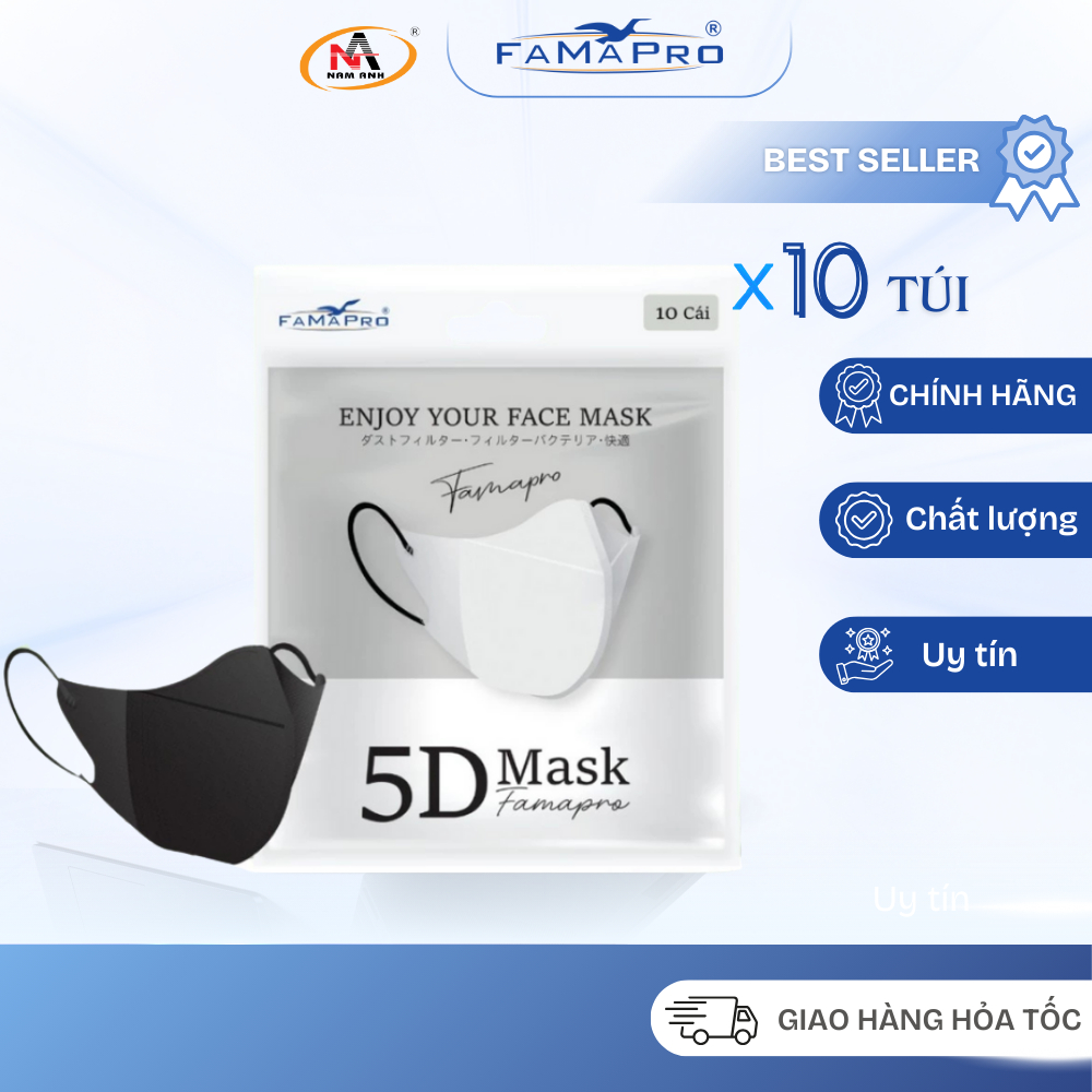 [Combo 100 Chiếc] Khẩu Trang 3 Lớp 5D Mask Quai Chun Nhỏ Nam Anh Famapro Túi 10 Chiếc
