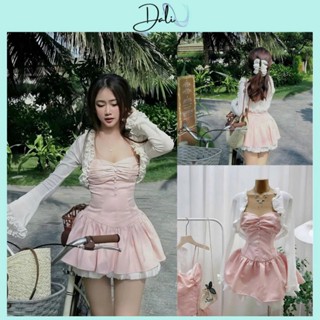 Set Váy 2 Món Gồm Váy 2 Dây Tafta Màu Hồng Pastel + Áo Khoác Cadigan Thun Tăm Tặng Kèm Quần Trong