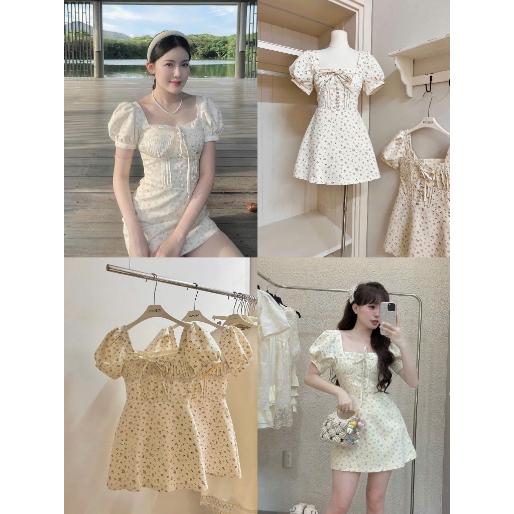 Đầm hoa nhí tay bồng phối cúc dáng ngắn - bọc nhí | BigBuy360 - bigbuy360.vn