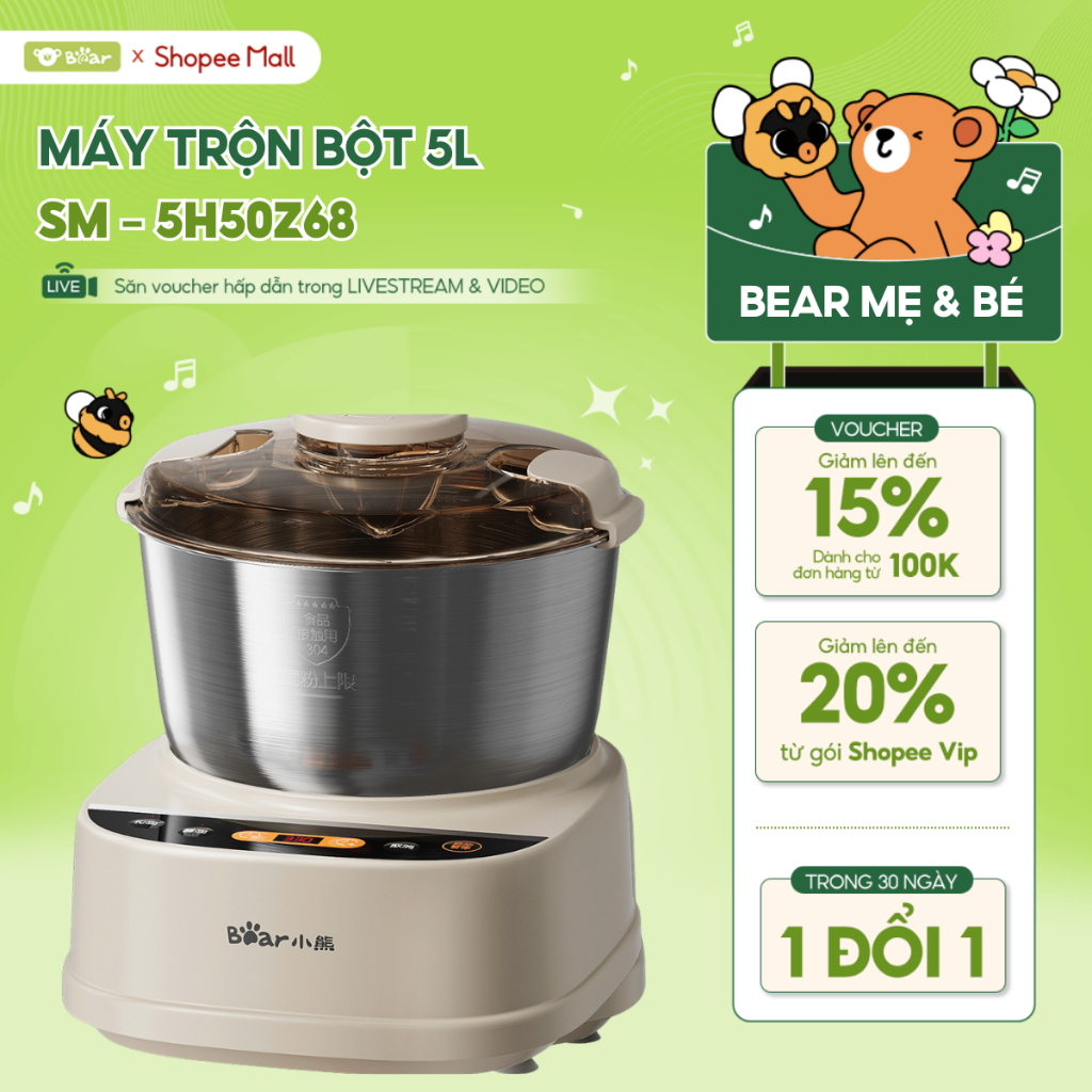 Máy Trộn Bột Bear 5L Inox 304 Ủ Bột Nhào Bột Nhồi Bột Công Suất Lớn Chống Dính Trộn Bột Làm Bánh 5L 