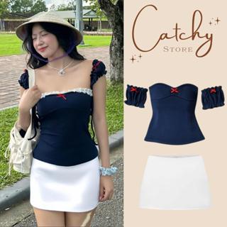 Set áo nữ Coquette Navy tay phồng cúp ngực phối ren mix chân váy trắng ngắn tôn dáng quyến rũ CATCHY