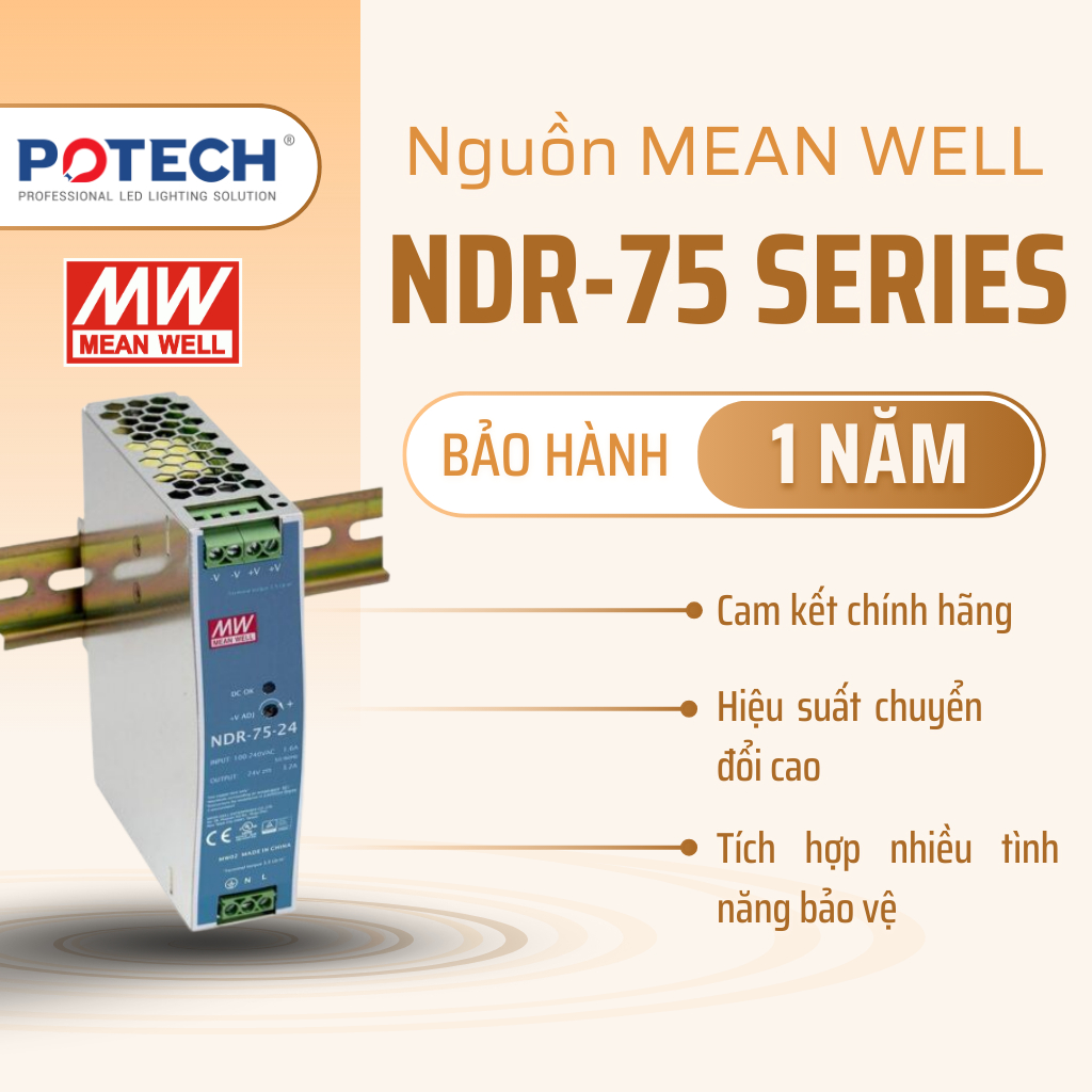BH 1 năm| Bộ nguồn MEANWELL NDR-75-12, NDR-75-24, NDR-75-48, nguồn Din Rail Meanwell công suất 75W