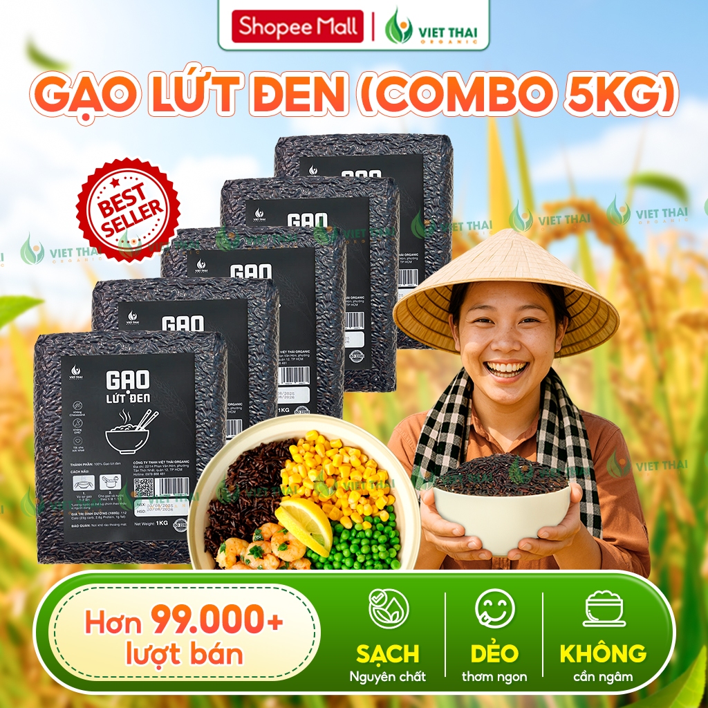 [Combo 5Kg Siêu Rẻ] Gạo Lứt Đen Việt Thái Organic Dẻo Mềm Gạo Sạch Không Cần Ngâm Eat Clean Ngon