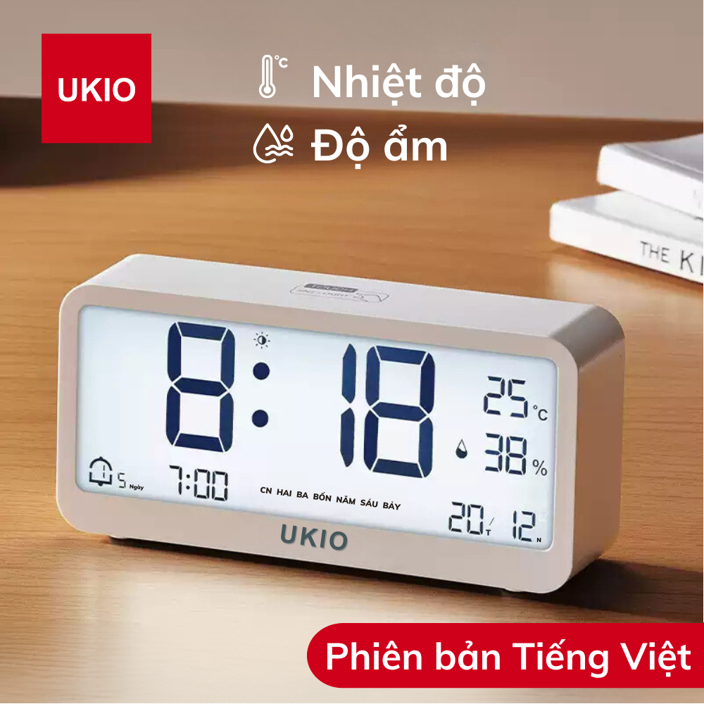 Đồng hồ led để bàn báo thức UKIO màn hình LCD cao cấp đo nhiệt độ và độ ẩm