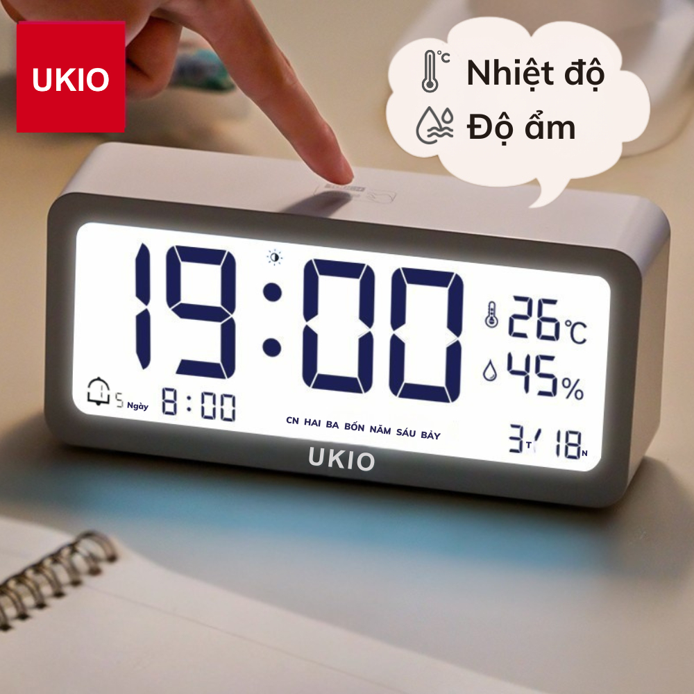 Đồng hồ LED báo thức UKIO màn hình LCD cao cấp đo nhiệt độ, độ ẩm, báo thức