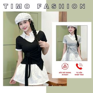 Áo thun nữ tay ngắn phối sơ mi cổ bẻ thắt eo thời trang công sở và dạo phố AOT054