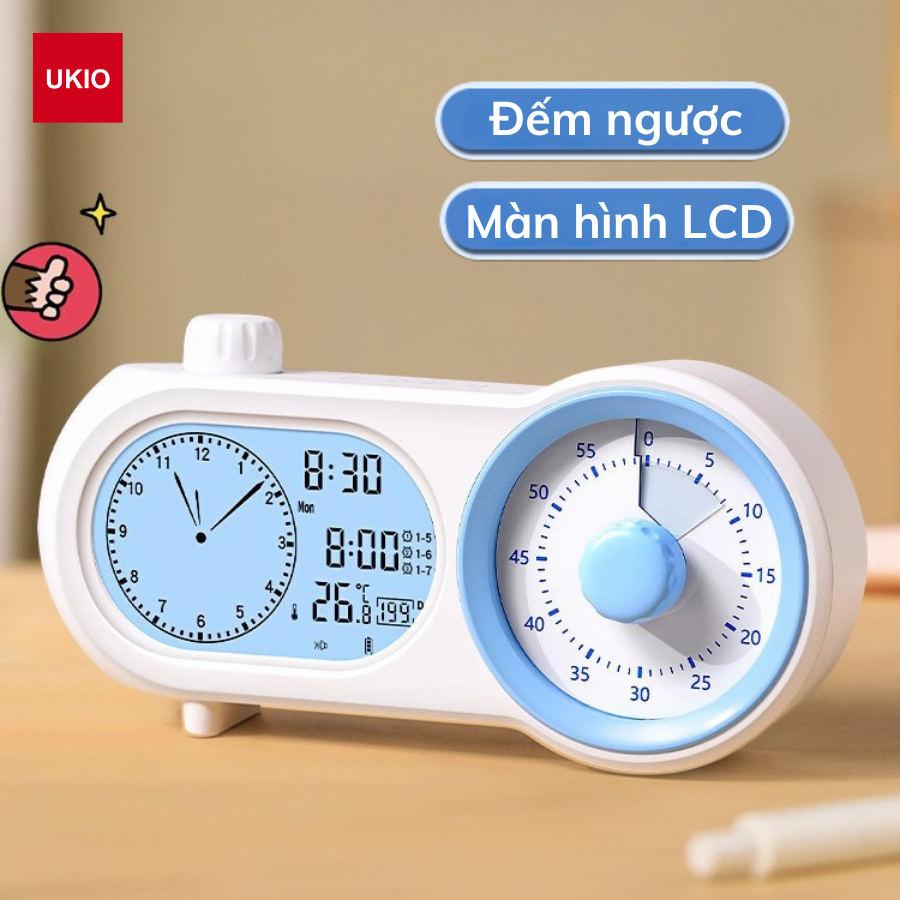 Đồng hồ để bàn đếm ngược UKIO màn hình LCD cao cấp, xoay để đếm ngược, 3 khung giờ báo thức tiện lợi
