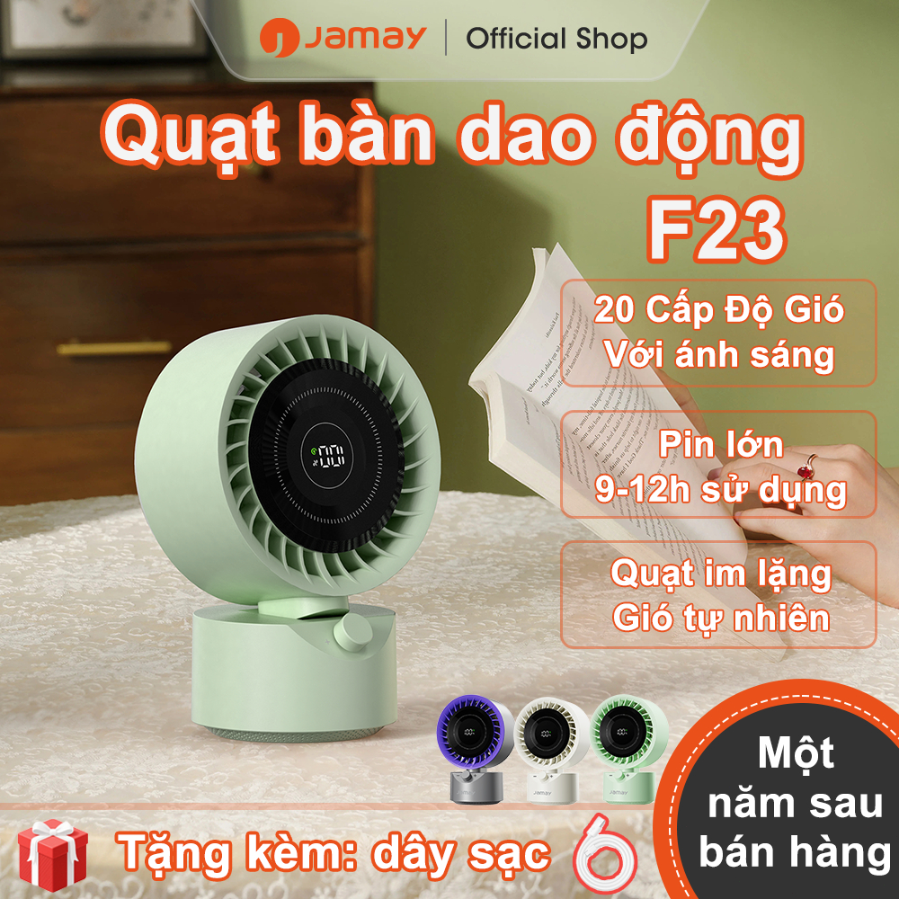 JAMAY Quạt để bàn,Quạt siêu êm，Tự động lắc đầu，Hiện thị %pin，Dung Lượng Pin lớn，Có đèn，Phù hợp cho g