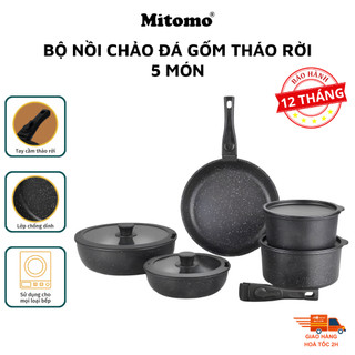  Bộ nồi đá gốm bộ nồi chảo lười Mitomo chống dính tay cầm tháo rời 5 món màu đen - Hàng chính hãng 