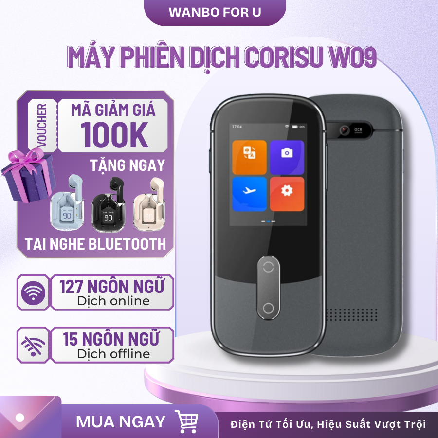 Máy Phiên Dịch Ngôn Ngữ 2 Chiều Corisu W09 Dịch 127 Ngôn Ngữ, Màn Hình Cảm Ứng IPS Hiện Đại, Hỗ Trợ Phiên Dịch Offline