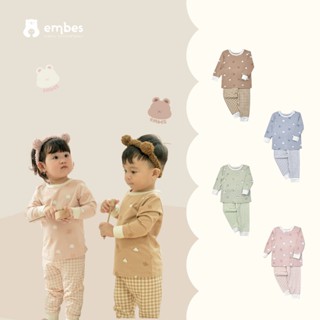 Đồ Bộ Dài Tay Embes, Bộ Dài Tay In Hình Phối Quần Kẻ Caro Chất Cotton Mềm Cho Bé Trai Bé Gái 7-18Kg