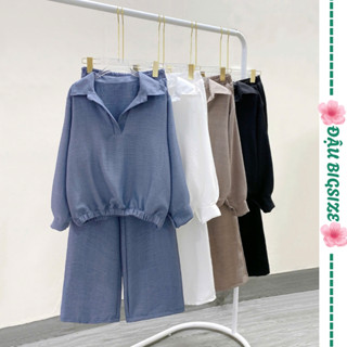  Set đồ bigsize nữ áo sơ mi tay dài form rộng bo chun kèm quần dài ống rộng lưng thun chất đũi vân mây - SET859 