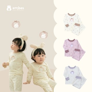 Đồ Bộ Bé Gái Embes, Bộ Dài Tay Chấm Bi Ngực In Thỏ Nơ Chất Cotton Mềm Mịn Cho Bé Gái Size Từ 8-17Kg