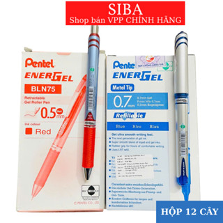  Combo hộp 12 cây bút gel Pentel ENERGEL size ngòi 0.5  0.7  1.0mm màu mực xanh đỏ đen 