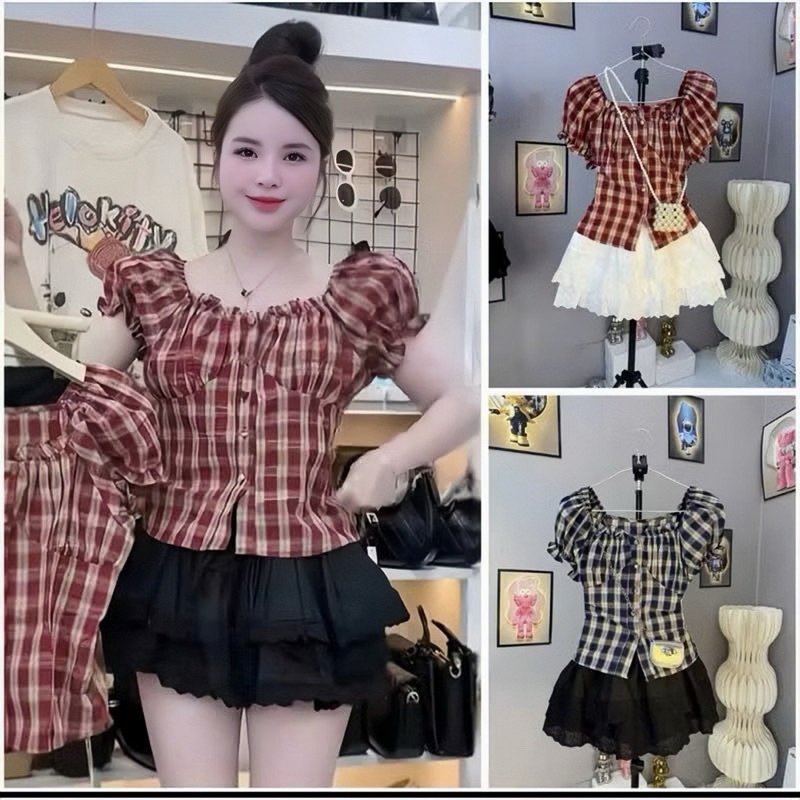 (Hàng 3 Size) : Sét Áo Sơ Mi Caro Tay Bồng Cúc Bọc 2 Màu Mix Chân Váy Tầng Viền Bèo Xinh Xỉu - Ảnh T