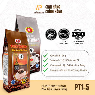 Cà phê Phát Thành xay sẵn truyền thống PT 1-5 - CHUYÊN QUÁN, PHA PHIN - Gu truyền thống - Vị đậm thơm béo - Gói 500g