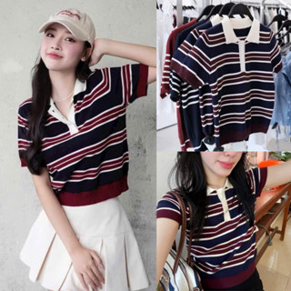 Áo len kẻ đỏ than tay cộc cổ polo dệt kim form croptop nữ Hàn Quốc Aolencoctay2108