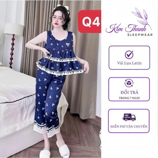  Bộ Ngủ Mặc Nhà Q4  Lụa Latin - Lửng 9 Tấc Sát Nách Mát Mịn Họa Tiết Sắc Nét Kim Thanh 
