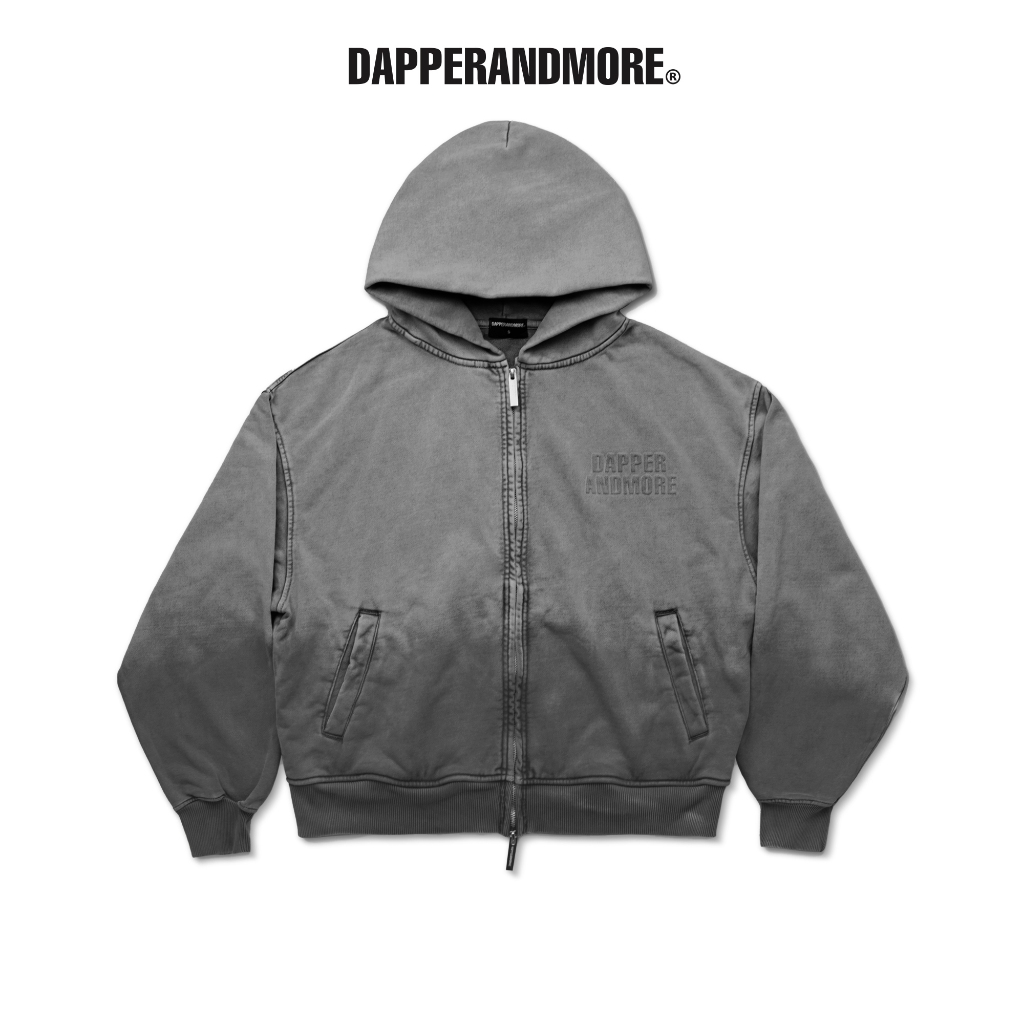 Áo Khoác Hoodie DAPPERANDMORE "GARMENT-DYED HOODIE" With Zipper In Nổi Logo 450GSM - Xám Nhạt