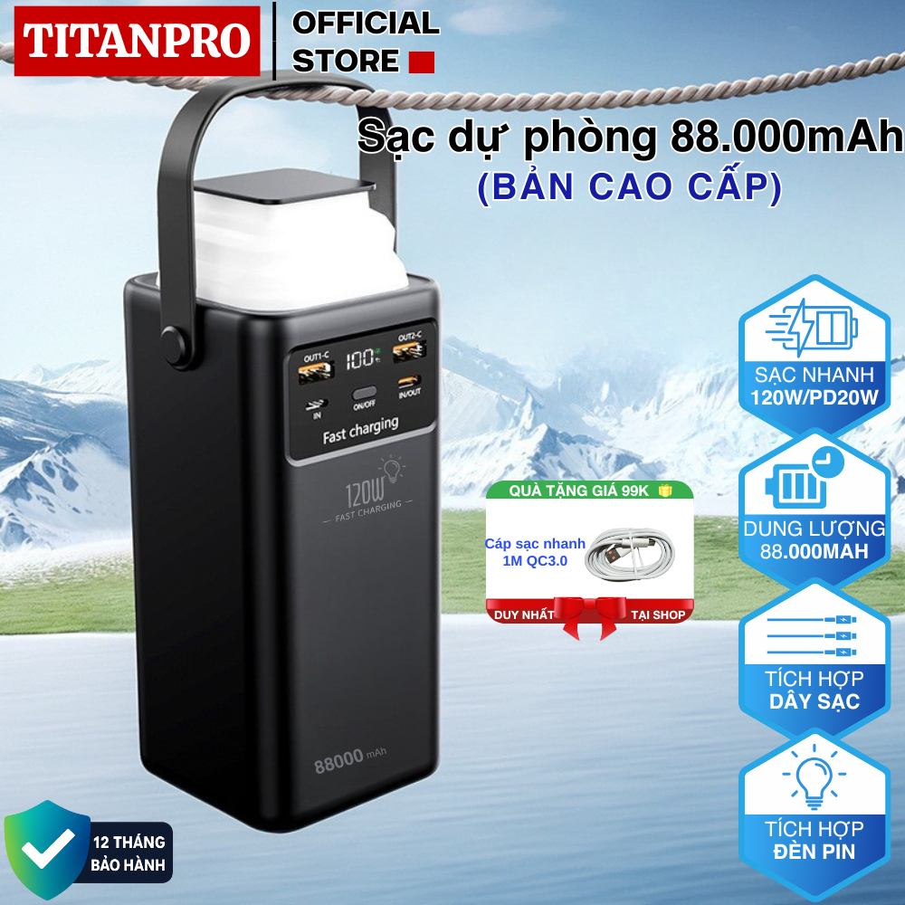   K mua dc nhắn shop Box sạc dự phòng 88000mAh 55000mAh TitanPro TP99 sạc nhanh 120W có đèn pin dung lượng lớn có dây cắm 