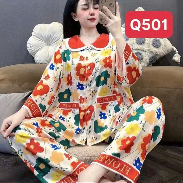Đồ Ngủ Cổ Sen Q5 Kim Thanh - Pijama Lụa Latin Tay Dài Mát Mịn Hình In Sắc Nét Size 40-75kg | BigBuy360 - bigbuy360.vn