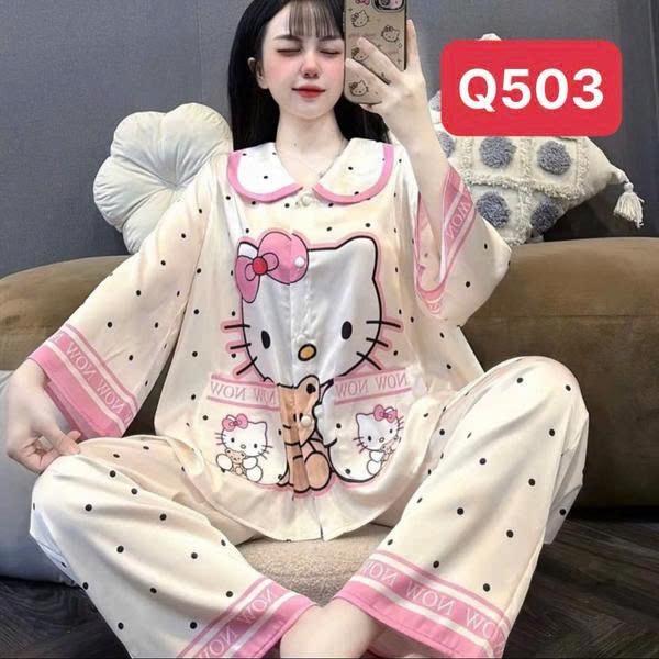 Đồ Ngủ Cổ Sen Q5 Kim Thanh - Pijama Lụa Latin Tay Dài Mát Mịn Hình In Sắc Nét Size 40-75kg | BigBuy360 - bigbuy360.vn