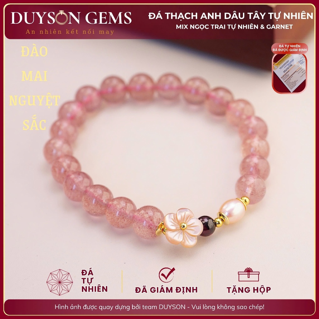 Vòng tay chuỗi thạch anh dâu hồng tự nhiên mix charm hoa mai khảm xà cừ Duyson Gems