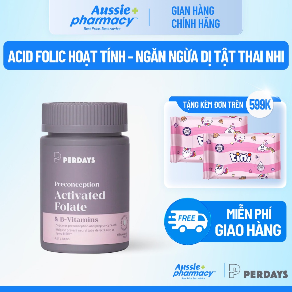 Acid Folic hoạt tính - 5-MTHF và Vitamin B - PERDAYS Activated Folate - Lọ 60 viên