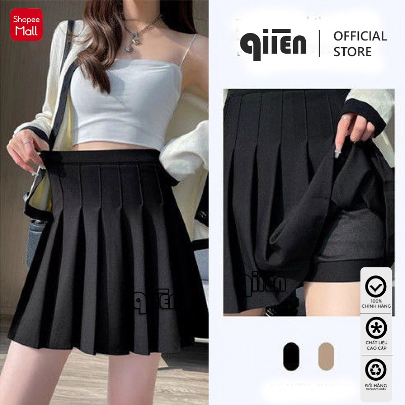 Chân Váy Xếp Ly QIIEN Chân Váy Ngắn Chữ A  Kiểu Dáng Xoè Cạp Cao Có Lót Trong HG73