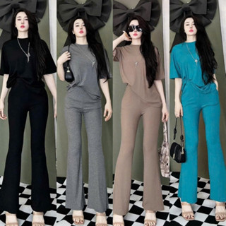  Đồ bộ nữ set bộ quần ống loe có túi áo ngắn tay rộng thun gân tăm lạnh đồ mặc nhà đồ bộ thun gân 