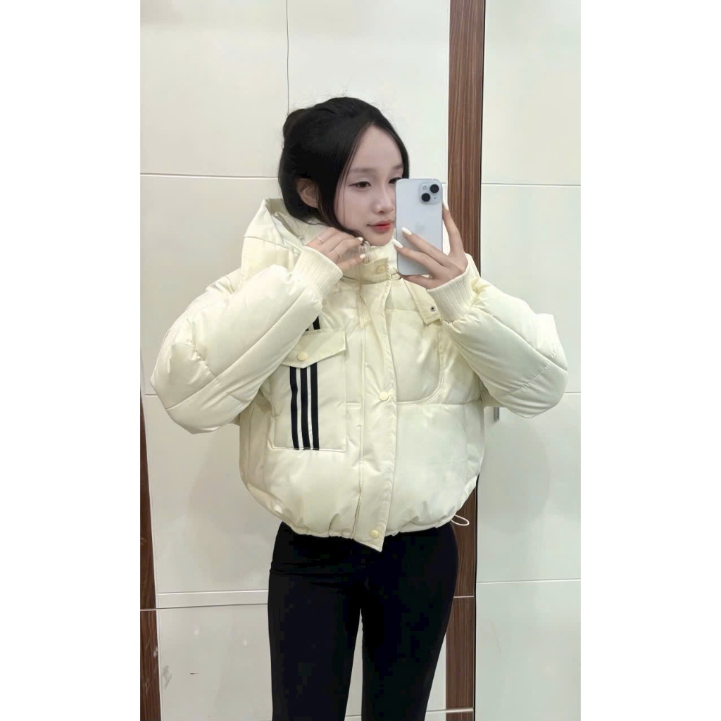 Áo Phao Nữ Dáng Ngắn Có Mũ Túi Ngực Trước Kẻ Sọc Tay Bo Chun Áo Khoác Phao Nữ Có Dây Rút Dưới Áo Phao Béo Mùa Đông | BigBuy360 - bigbuy360.vn