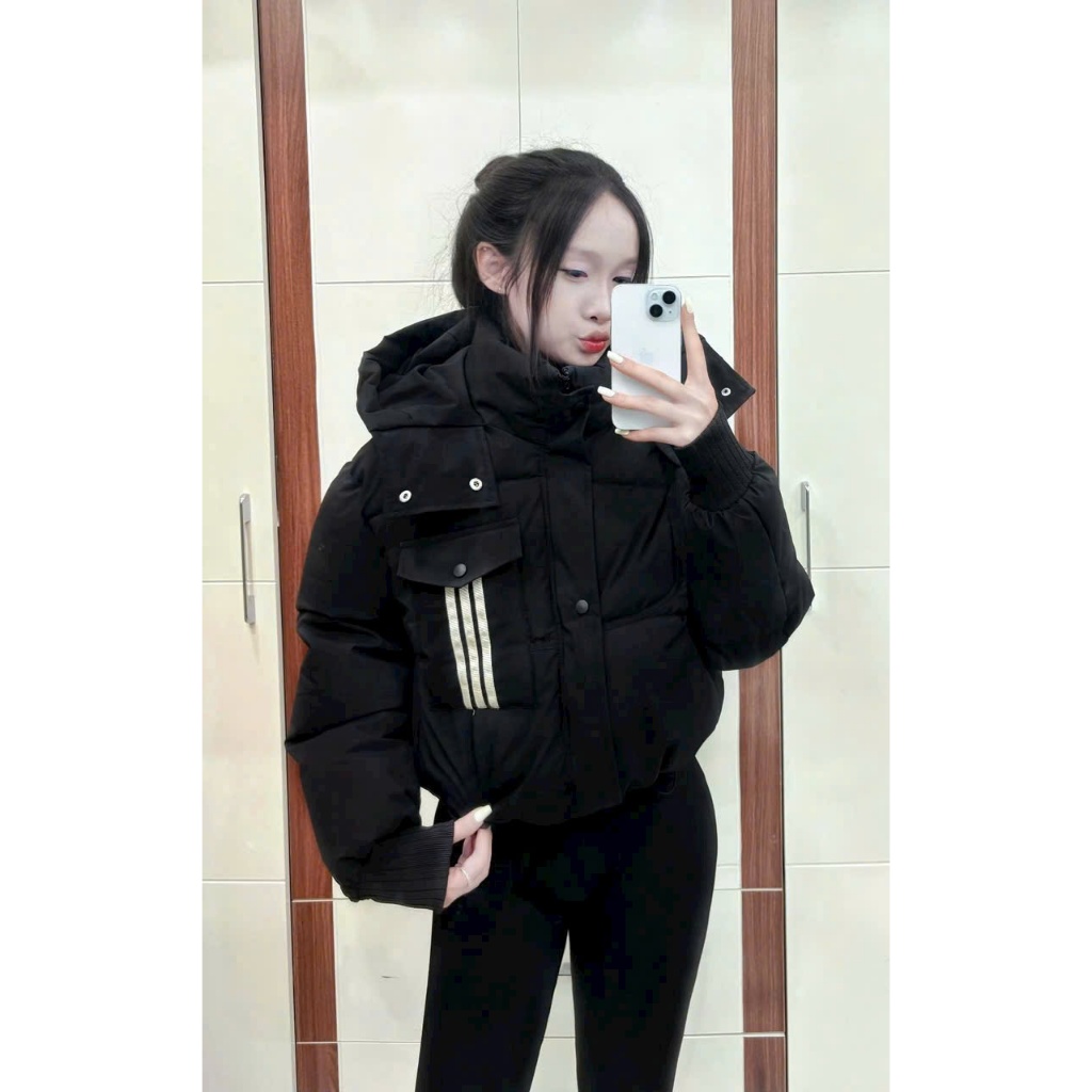 Áo Phao Nữ Dáng Ngắn Có Mũ Túi Ngực Trước Kẻ Sọc Tay Bo Chun Áo Khoác Phao Nữ Có Dây Rút Dưới Áo Phao Béo Mùa Đông | BigBuy360 - bigbuy360.vn