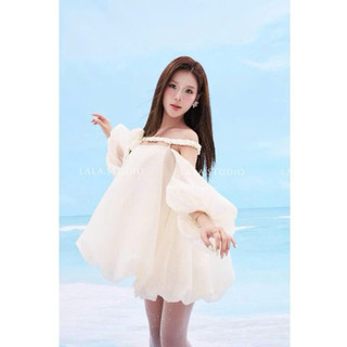  Guvie dress• LALASTUDIO• Váy trễ vai tay dài dáng bí phối hoa nổi đính ngực cao cấp   hàng chuẩn  